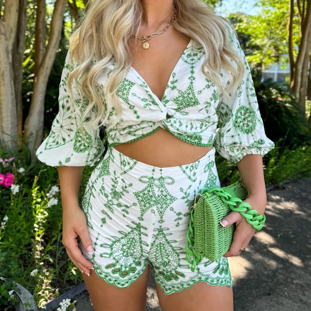 Zara Green and White Embroidered Top